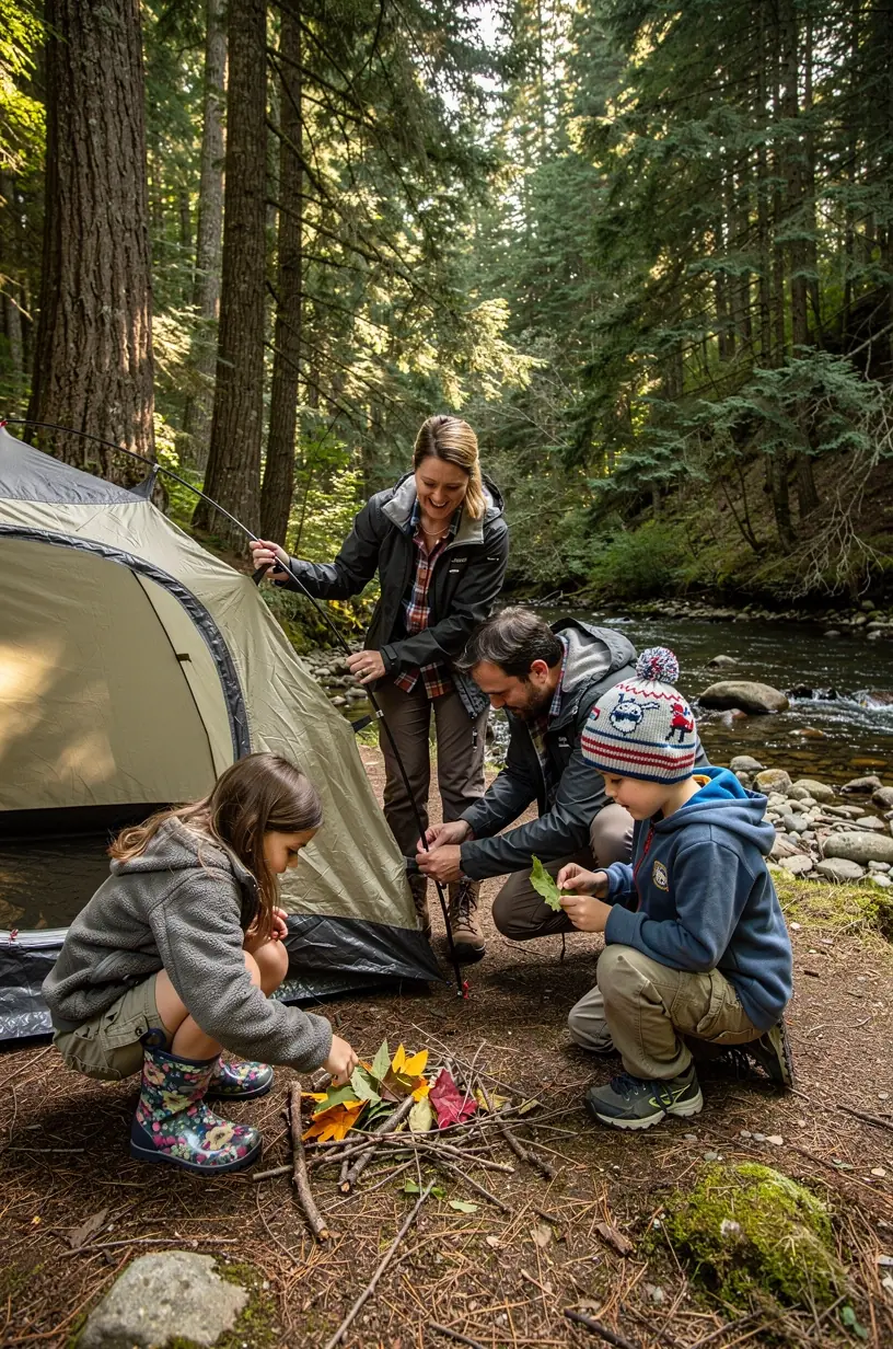 Smiling kids and parents hiking a gentle nature trail with easy access and informative signs in a national park.